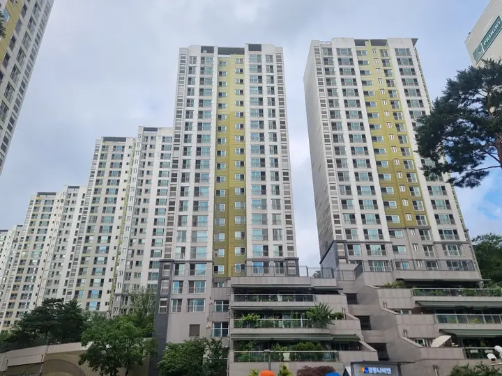 계단식 테라스 동 너머로 솟은 고층 동