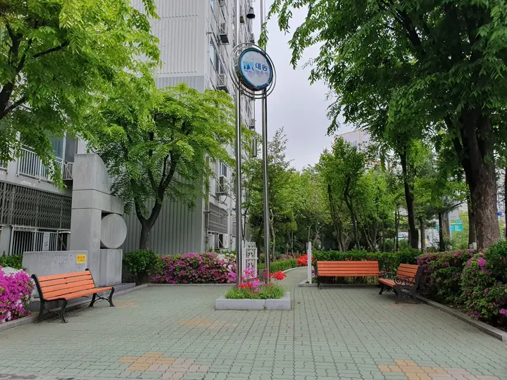 벤치가 놓인 쉼터 마당