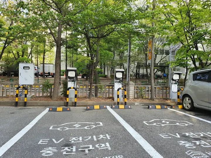 나무 아래 전기차 충전구역