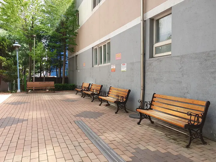 벤치가 이어진 동 옆 산책길