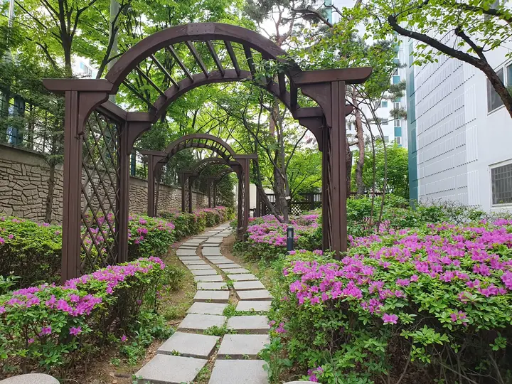 퍼걸러 아래 징검다리 길