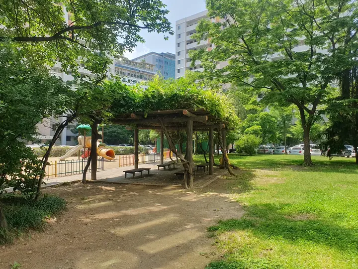 잔디밭 옆 등나무 쉼터