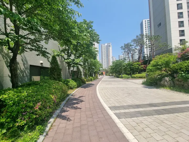 녹지를 따라 굽어진 산책로